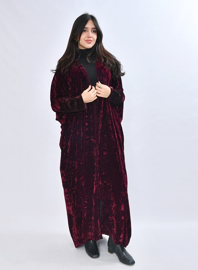 HAWRAA ABAYA Elegant quarter-bisht–style abaya crafted from luxurious velvet fabric in a rich burgundy color - Image 5